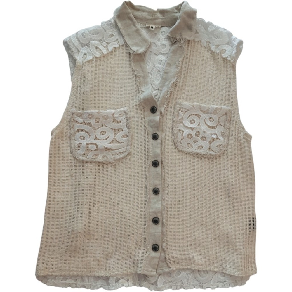 POL Cream Lace Mixed Media Sleeveless Button Down Boho Top SMT2271A